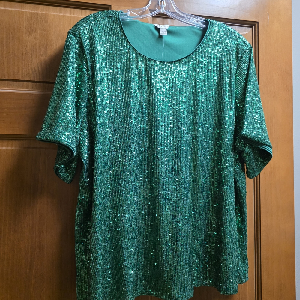 Cato Sparkling Emerald Sequin Short Sleeve Top